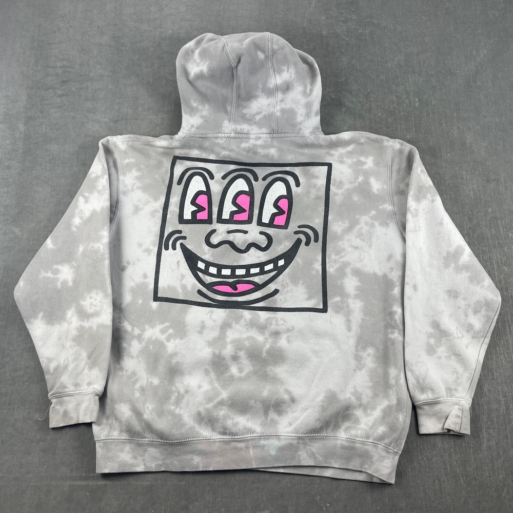 Keith Haring Mens M Grey Tie-Dye Hoodie Pink Logo Three Eyed Monster Graphic